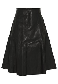 Musta nahkainen A-linjainen hame, jossa on korkea vyötärö, etupainikekiinnitys, paneelihuolittelu ja sileä pinta.