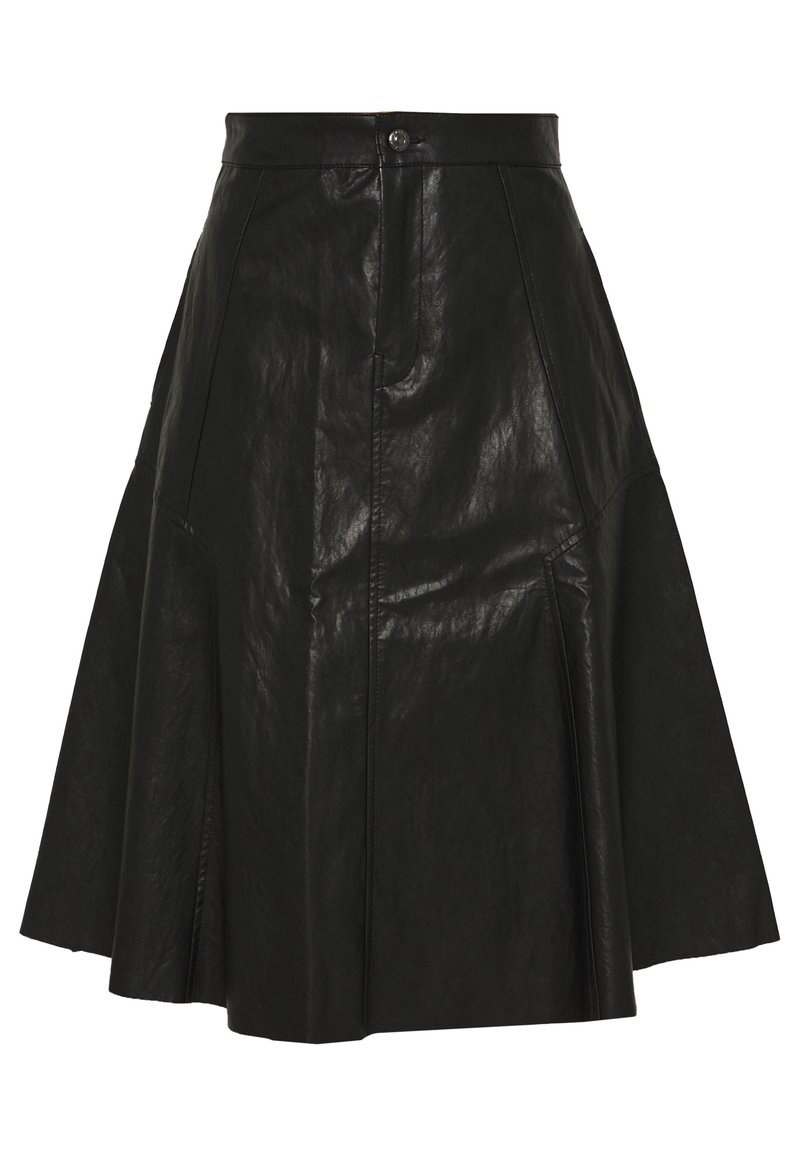Musta nahkainen A-linjainen hame, jossa on korkea vyötärö, etupainikekiinnitys, paneelihuolittelu ja sileä pinta.