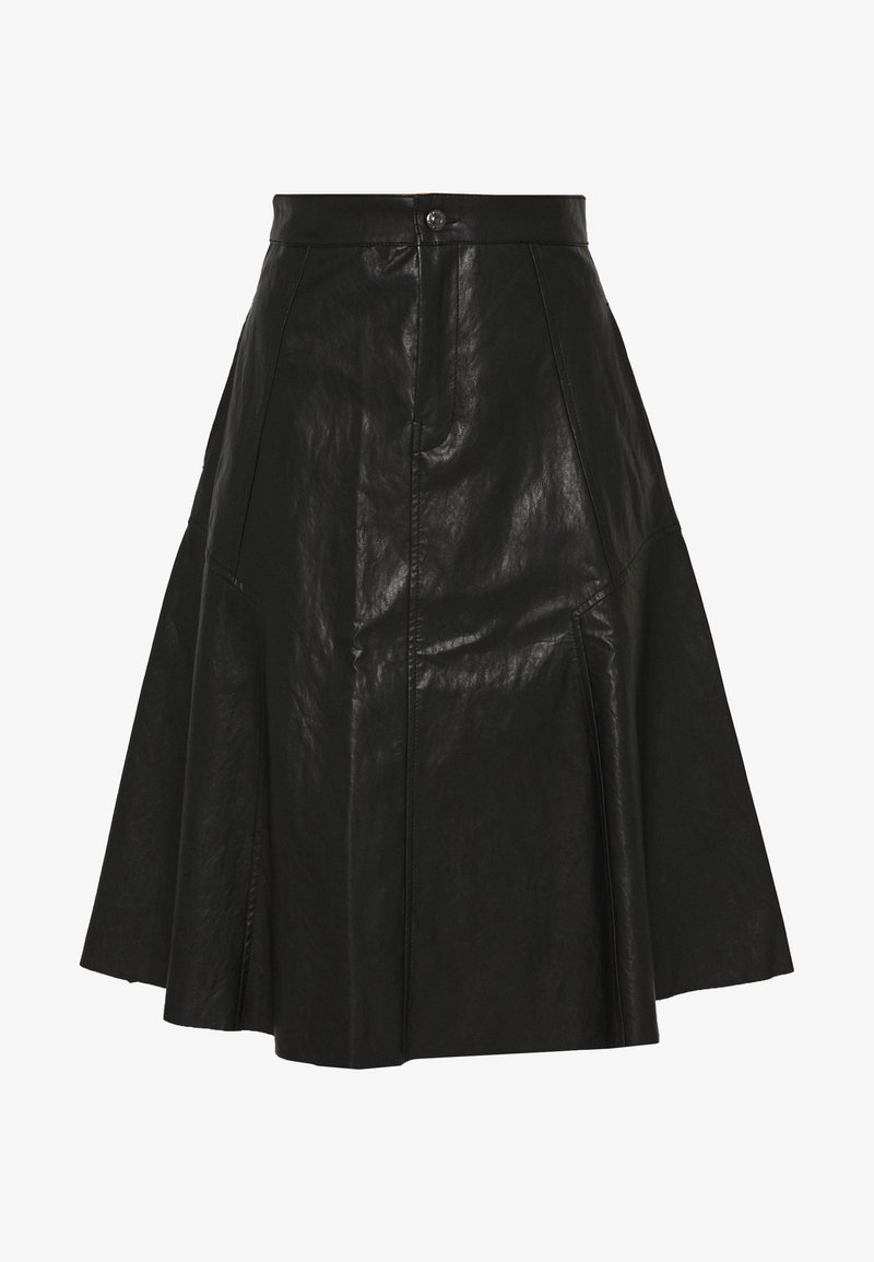 Black leather A-line skirt with a high waist, featuring a front button closure, panel detailing, and a smooth texture.