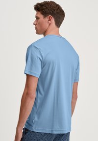 Lichtblauwe katoenen t-shirt met een ronde hals en korte mouwen, met een rechte snit en subtiele zijnaden.