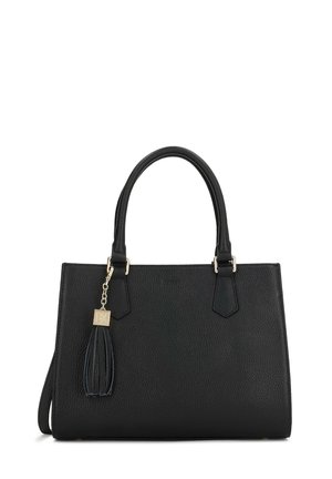 Melna teksturēta ādas rokassoma ar divām rokturiem, noņemamu plecu jostu un dekoratīvu frēzi ar zelta toni.