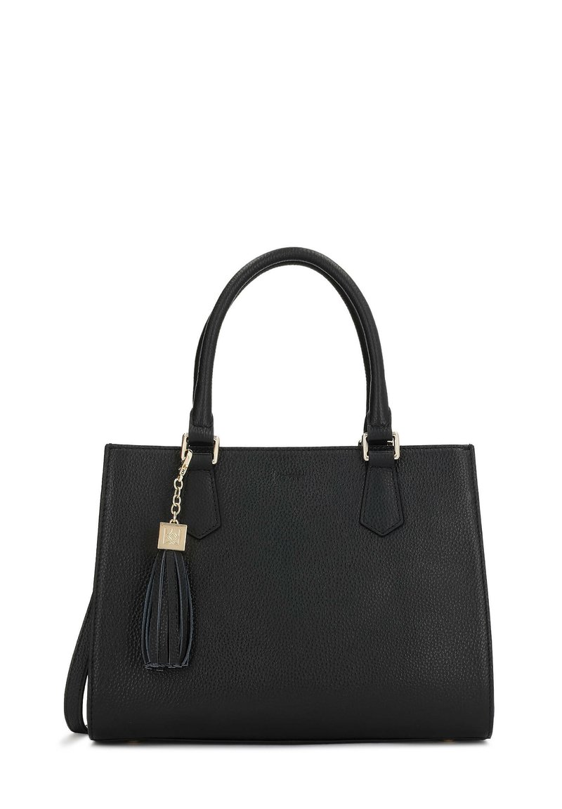 Melna teksturēta ādas rokassoma ar divām rokturiem, noņemamu plecu jostu un dekoratīvu frēzi ar zelta toni.