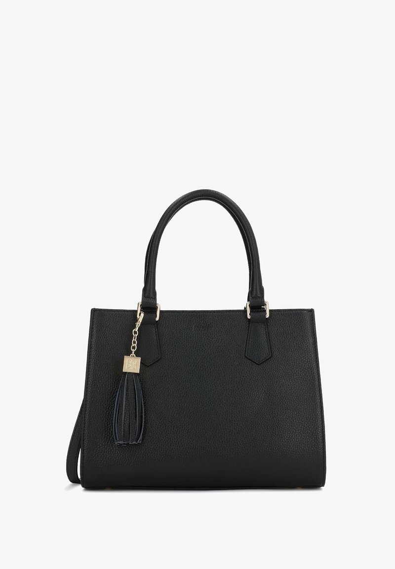 Melna teksturēta ādas rokassoma ar divām rokturiem, noņemamu plecu jostu un dekoratīvu frēzi ar zelta toni.