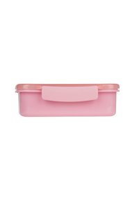 Scatola di plastica rosa per lo stoccaggio con una finitura liscia e lucida, forma rettangolare e un manico rosa chiaro nella parte superiore.