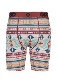 Boxer briefs da uomo con un motivo geometrico multicolore, caratterizzati da una vita borgogna con branding nero. Realizzati in materiale morbido ed elastico.