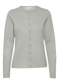 Hellgrauer Cardigan aus weichem Stoff, mit rundem Ausschnitt, langen Ärmeln und einer Knopfleiste vorne.