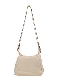 Borsa a spalla beige realizzata in materiale liscio, con una forma curva, tracolla metallica regolabile e fermagli sui lati.