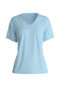 Lichtblauwe T-shirt met korte mouwen en een V-hals ontwerp. Gemaakt van zachte, gladde stof; heeft eenvoudige stiksels en geen zichtbare patronen of accenten.