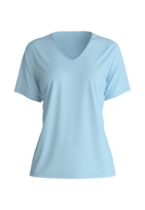 Lichtblauwe T-shirt met korte mouwen en een V-hals ontwerp. Gemaakt van zachte, gladde stof; heeft eenvoudige stiksels en geen zichtbare patronen of accenten.
