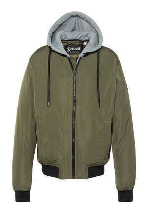 Oliwkowa kurtka bomberka z szarym kapturem, zamek błyskawiczny, elastyczne mankiety i boczne kieszenie. Gładki materiał o lekko błyszczącym wykończeniu.