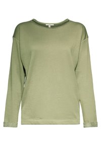 Sweat-shirt vert olive clair à manches longues, col rond, texture douce et coupe simple et décontractée.