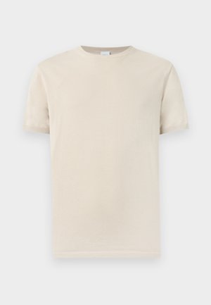 Beige short-sleeve crew neck t-shirt with ribbed collar and cuffs, displayed against a plain light background.