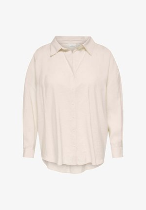 Crèmekleurig linnen overhemd met lange mouwen, een knoopsluiting aan de voorkant, een brede kraag en een afgeronde zoom. Heeft een ontspannen pasvorm en een gestructureerde stof.