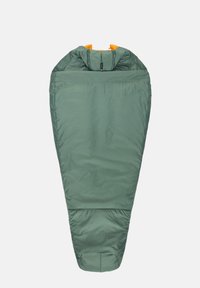 Grüner Schlafsack mit Kapuze, versehen mit einer orangefarbenen Innenauskleidung und einem Reißverschluss. Glatte Textur mit tailliertem Design für Wärme.