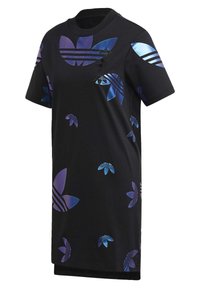 Svart t-shirt med korta ärmar som har färgglada, reflekterande blommönster och ränder i lila och blått, tillverkad av mjukt tyg.