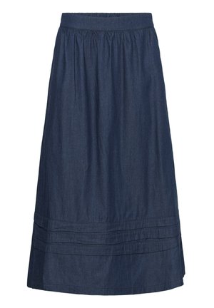 Sötétkék, bokáig érő farmer szoknya rugalmas derékpánttal és a szegély közelében vízszintesen varrott redőkkel.