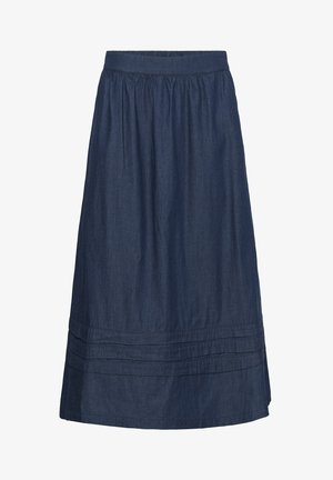 Sötétkék, bokáig érő farmer szoknya rugalmas derékpánttal és a szegély közelében vízszintesen varrott redőkkel.