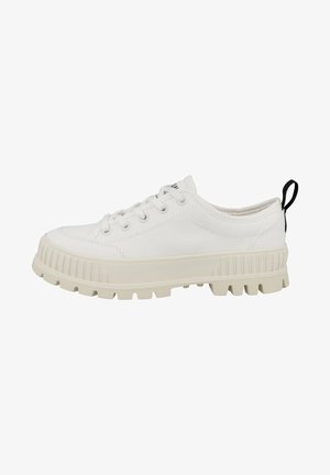 White canvas sneaker with a textured off-white sole, rounded design, six eyelets, and a small black pull tab at the heel.