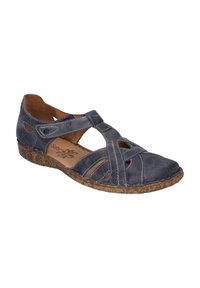 Dark blue leather sandal with cut-out design, stitched accents, and a textured brown sole. Open toe and sides for breathability.