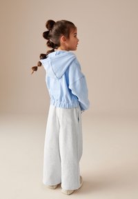 Lyseblå cropped hoodie med snørrebånd og elastisk kant, parret med brede grå sweatpants. Glat tekstur, afslappet design.