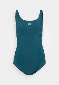Maillot de bain bleu-vert avec un décolleté carré, des bretelles larges et des détails en panneaux. Fabriqué en tissu lisse. Logo Arena au centre au-dessus de la poitrine.