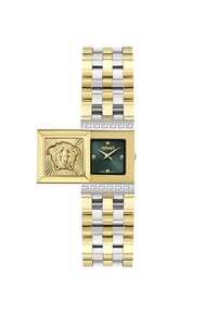 Reloj cuadrado de tono dorado con una esfera verde y motivo de cabeza de león. La pulsera bicolor presenta eslabones alternos de oro y plata, con patrones intrincados en el bisel.