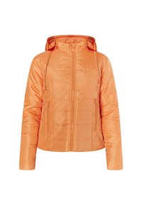 Orange vadderad jacka med huva, framslutning med dragkedja och två fickor med dragkedja. Tyget har en slät, glänsande yta med sydda paneler.
