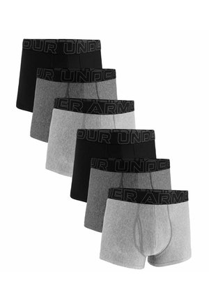 Sechs Herren-Boxershorts in Schwarz- und Grautönen mit breiten schwarzen Bündchen mit "UNDER ARMOUR"-Markenlogo.