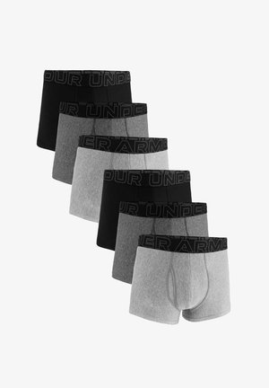 Six boxers pour hommes en nuances de noir et de gris avec de larges ceintures noires portant la marque "UNDER ARMOUR".