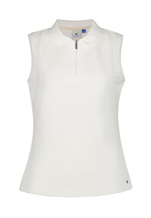 Ärmelloses weißes Polohemd mit strukturierter Oberfläche, kurzem Reißverschluss vorne, italienischem Kragen und kleinem Logo nahe dem unteren Saum vor einfarbigem Hintergrund.