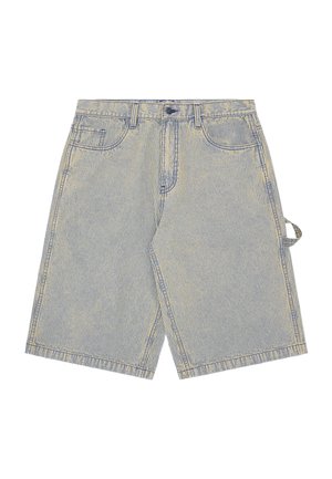 Striped denim shorts in light blue and cream, featuring a button closure, four pockets, and a side strap detail.