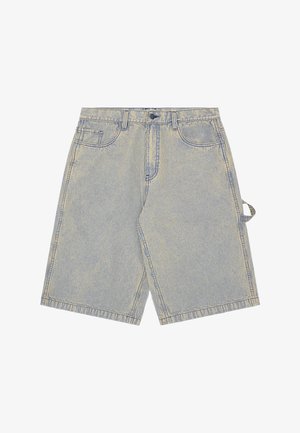 Spodenki dżinsowe w biało-niebieskie paski, z zapięciem na guziki, czterema kieszeniami i bocznym paskiem.