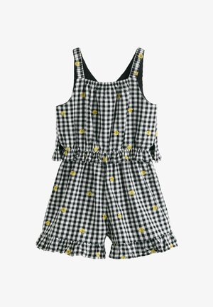 Mustvalge ruuduline varrukateta kombinesoon kollase lillemustriga ja volangidega lühikeste pükste ja vöökohal.