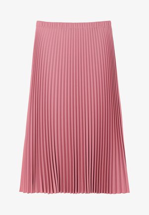 Falda plisada en suave tela rosa. Presenta pliegues verticales, una cinturilla elástica y una forma fluida, adecuada para diversas ocasiones.