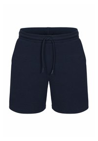 Marina blå shorts gjorda av ribbat tyg, med elastisk midja och justerbar snörning samt sidfickor.