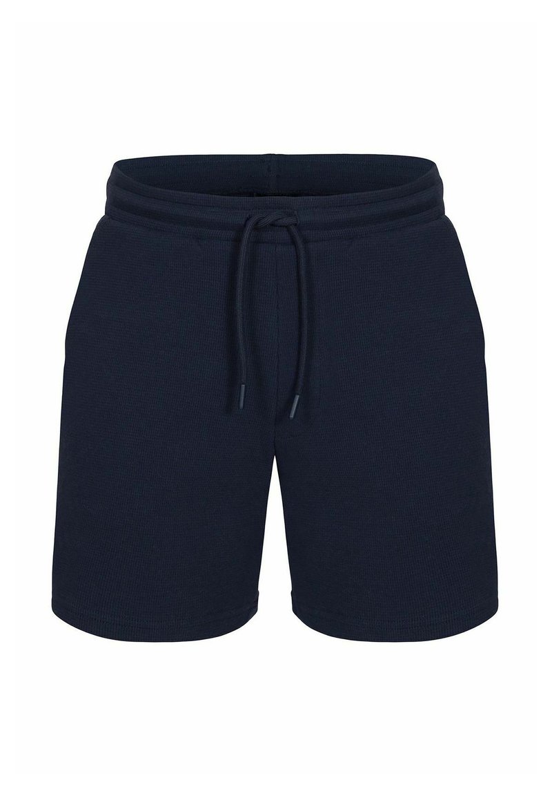 Marina blå shorts gjorda av ribbat tyg, med elastisk midja och justerbar snörning samt sidfickor.