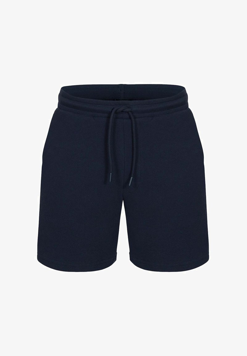 Marina blå shorts gjorda av ribbat tyg, med elastisk midja och justerbar snörning samt sidfickor.