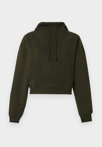 Σκούρο πράσινο κοντό φούτερ με μακριά μανίκια, κορδόνια εμπρός, ριμπ μανσέτες και ριμπ τελείωμα, απλωμένο σε λευκό φόντο.