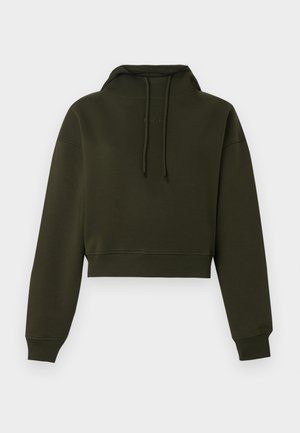 Tumši zaļš īss kapučjakas džemperis ar garām piedurknēm, priekšējām auklām, ribotām aprocēm un ribotu apakšu, attēlots uz balta fona.