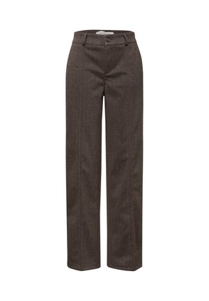 Pantalons marron à rayures avec une coupe droite, fabriqués en tissu texturé. Dotés d'une fermeture à bouton et de passants pour ceinture à la taille.