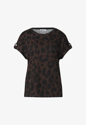 Kortærmet brun top med sort leopardprint, rund halsudskæring og knappede ærmekanter.