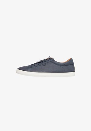 Navy blue leather low-top sneaker with black laces, perforated detailing, and white rubber sole, shown in side profile.