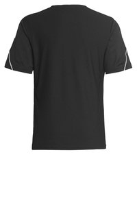 T-shirt noir à manches courtes avec un motif texturé, col rond et accents blancs subtils le long des coutures des épaules.