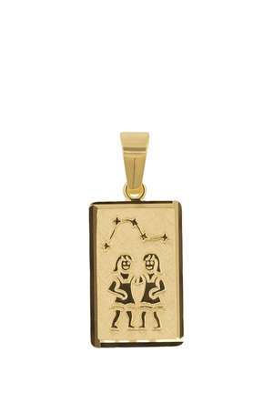 Goldener rechteckiger Anhänger mit eingravierten Zwillingen des Sternzeichens Zwillinge und dem Sternbild darüber.