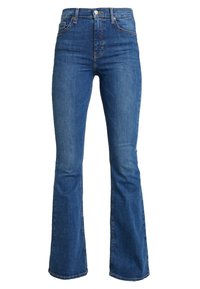 Farkut, joissa on leveä lahkeensuu ja korkea vyötärö, viisi taskua, vetoketjulukko ja ompelu yksityiskohtia saumoissa.