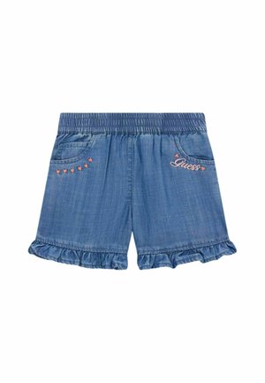 Pantaloncini di jeans blu con vita elasticizzata, orli arricciati, tasche frontali, dettagli a forma di cuore rosa e "Guess" ricamato sulla tasca destra.