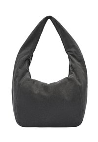 Torba typu hobo w ciemnoszarym materiale, charakteryzująca się dużym, luźnym kształtem oraz pojedynczym, zakrzywionym paskiem na ramię i subtelną teksturą. Zamek błyskawiczny.