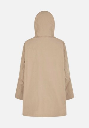 Veste à capuche beige avec une coupe ample, se caractérisant par une texture lisse et un ourlet droit. Le dos présente un design simple et épuré sans embellissements.