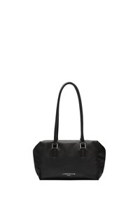 Schwarze Lederhandtasche mit zwei langen Tragegriffen, flacher Silhouette, silberfarbener Hardware und geprägtem Markennamen auf der Vorderseite. Strukturierte Oberfläche.
