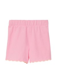 Roze katoenen shorts met een elastische tailleband, voorzien van een scalloped zoom en contrasterende lichtoranje afwerking. Soepele textuur, casual ontwerp.